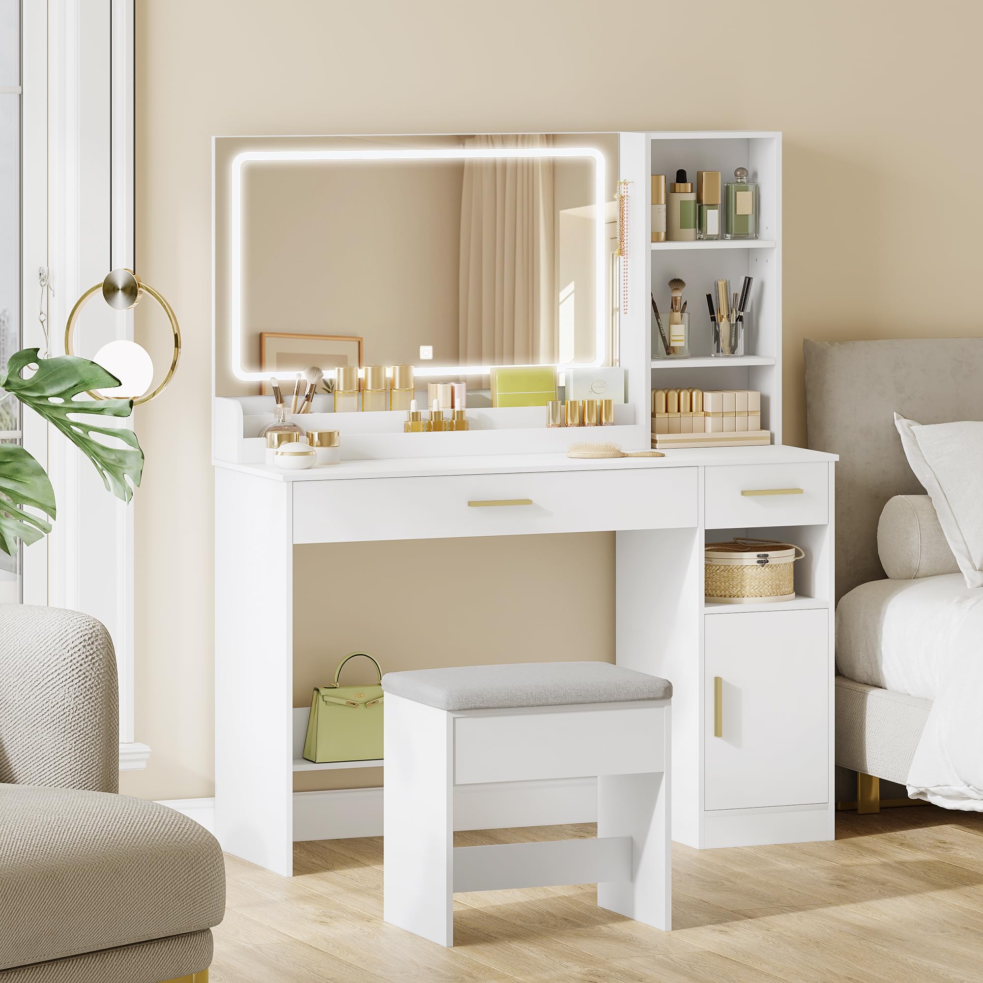 HEXCELEN Tocador con Taburete, Tocador de Maquillaje con Espejo y Luces LED con Brillo Ajustable, Mesa de Maquillaje, 2 Cajones, 4 Compartimentos y 1 Armario, 40 x 108 x 141 cm Blanco
