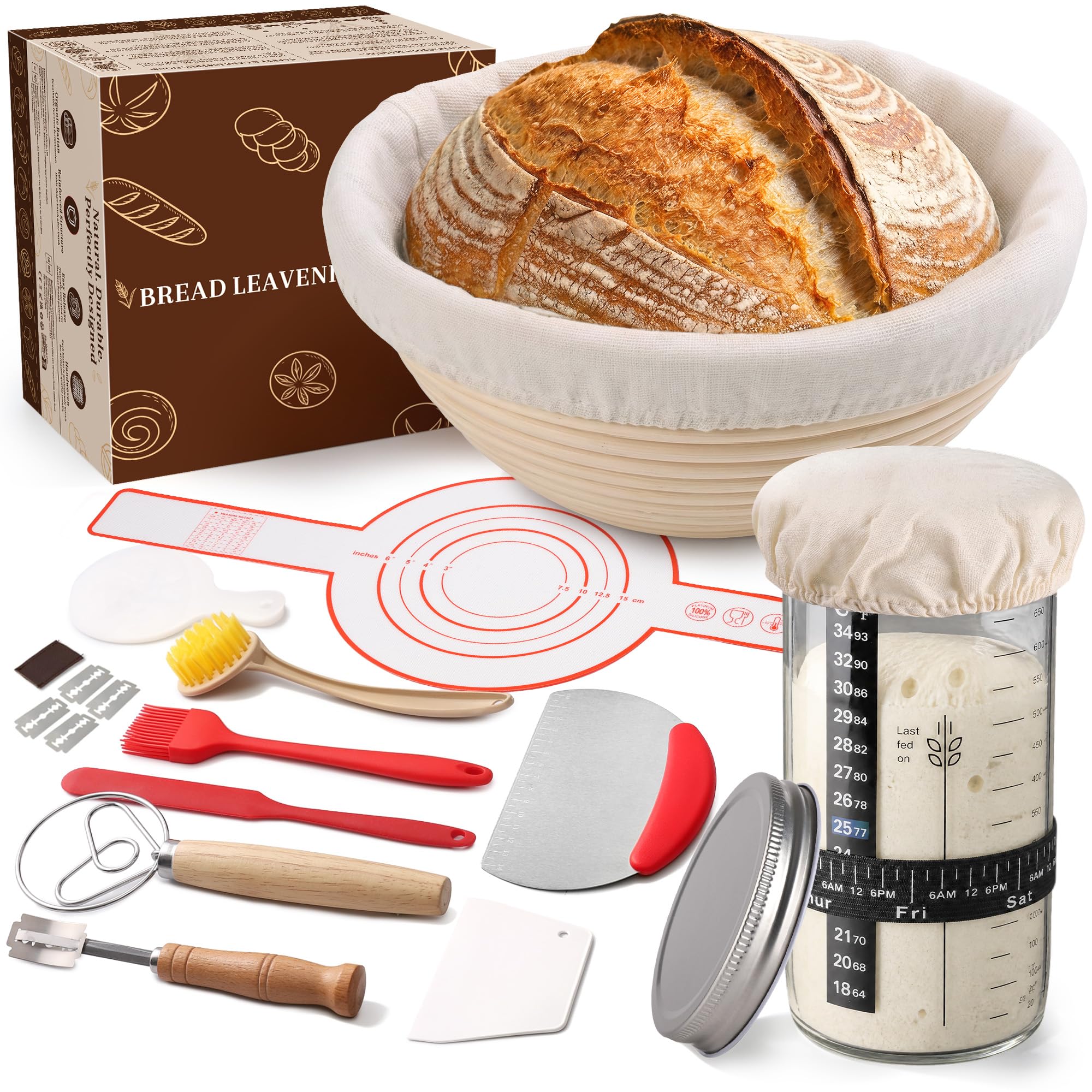 Banneton pour Pain Rond 23 cm, 10 Pièces kit Pain au Levain Sourdough Starter Kit, Kit Boulangerie Professionnel Rotin Naturel pour les Débutants, les Boulangers Expérimentés