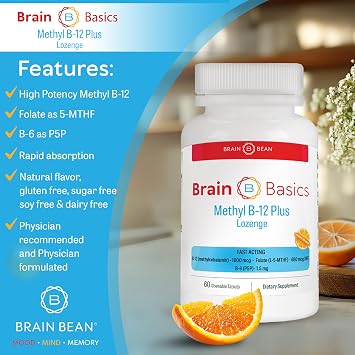 Extra Strength Methyl B-12 & Methyl Folate 60 Chewable Tablets, Orange Citrus Flavor High Potency Bioactive B-12 Vitamin & B9 Folate Supplement for Energy, Brain, Heart & Nerve Support
