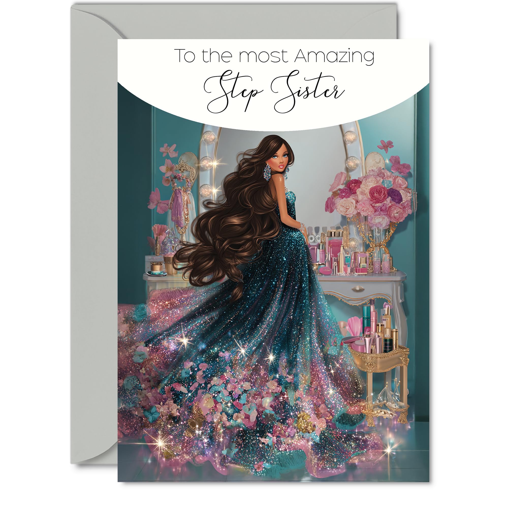 Step Sister Birthday Card - Glamorous Beauty Fashion - Happy Birthday Card for Step Sister from Brother Sibling, A5 Sparkly Dress Bday Greeting Cards