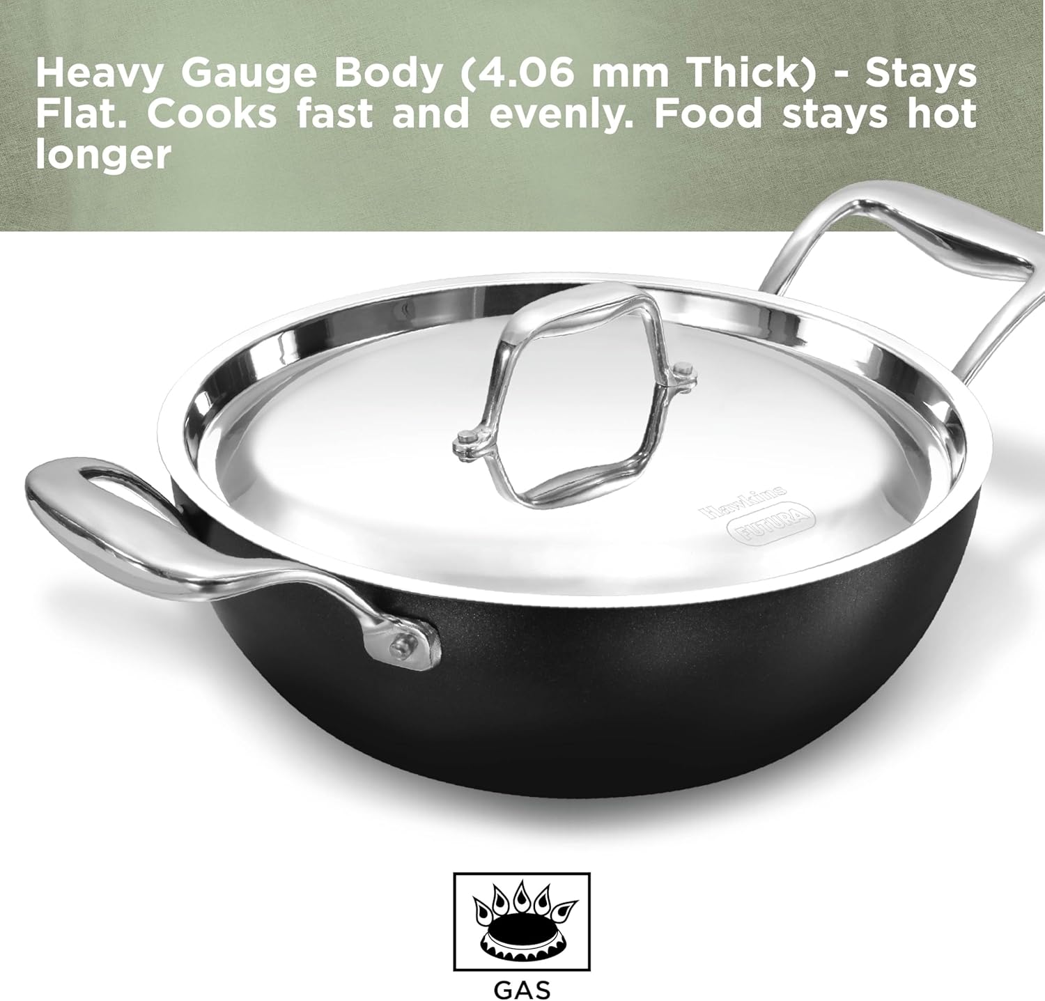 Hawkins Futura Pro 2.5 litre Deep-Fry Pan, Nonstick Kadhai with Stainless Steel Handles and Stainless Steel Lid, Balck (PNK25S)