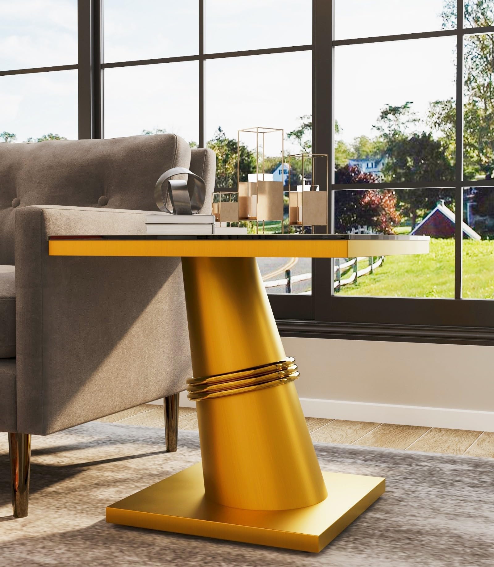 Asday Brushed Gold End Table, 24" Luxury Art Glass Side Table with Decorative Tapered Barrel Base, Gorgeous End Table for Living Room