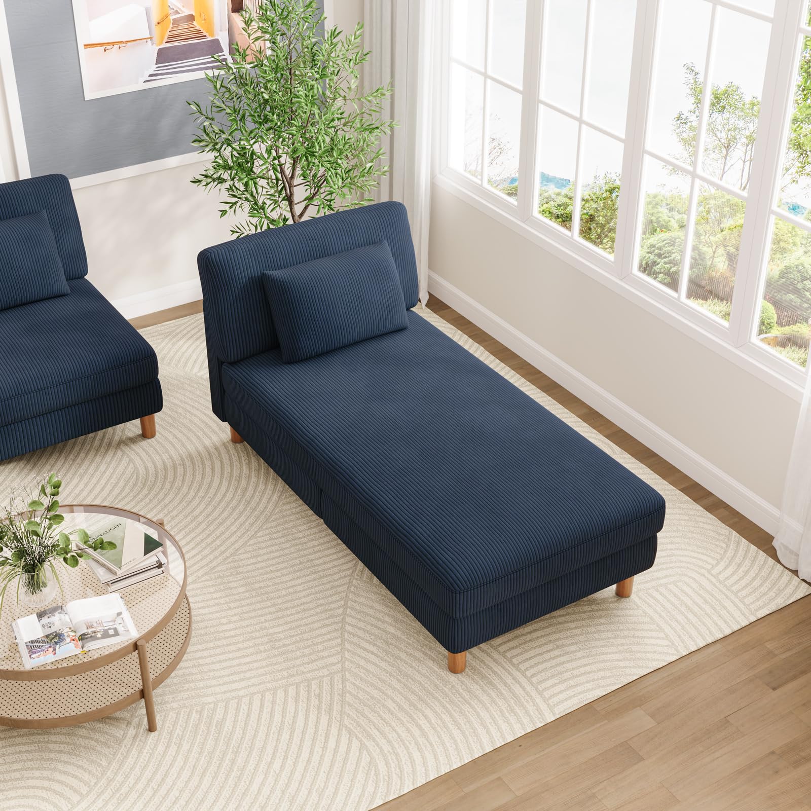 Vesgantti Corduroy Chaise Lounge Sofa, Upholstered Couch with wide Cushions, Perfect for Living Room, Bedroom, Office, Small Space, Tool-free Assembly，158L*81W*84cm, Blue