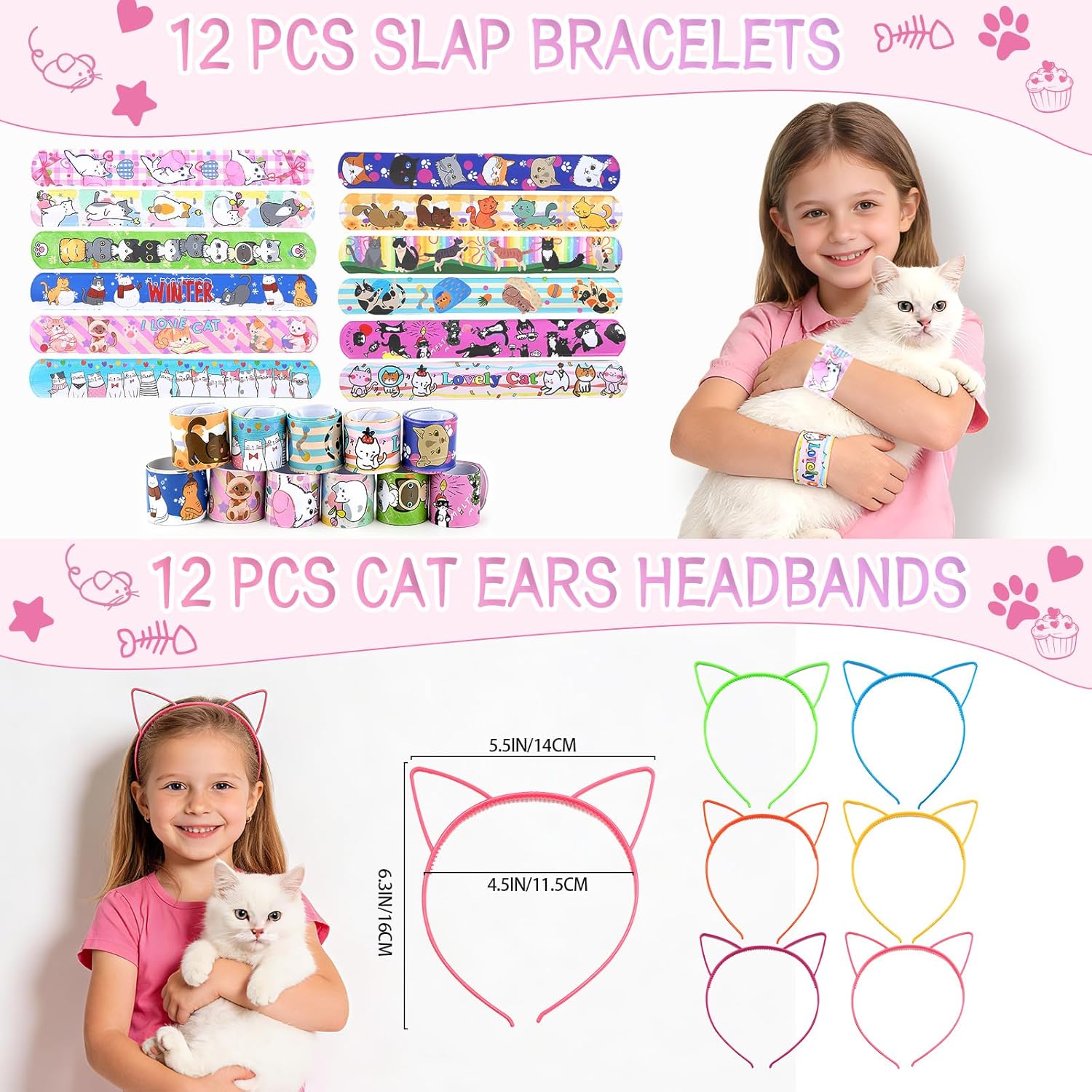 122PCS Cat Party Favors for Girls, Cat Themed Birthday Party Supplies With Goodie Bags Headband DIY Face Stickers Slap Bracelets Resin Cats, Cat Party Favors Easter Gifts Classroom Rewards for Kids
