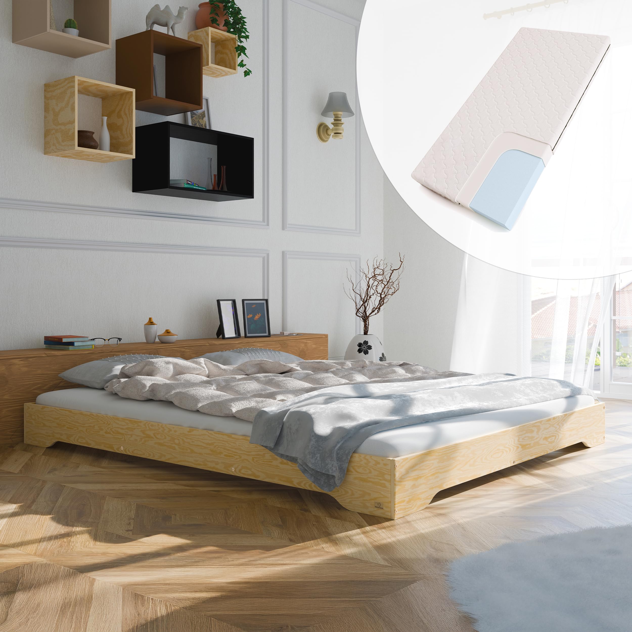 smartwood Struttura Letto Matrimoniale 160x200 cm con Rete e Materasso - Letto in legno di pino FSC portata fino a 300 kg - Giroletto Matrimoniale durevole per adulti TILA 7