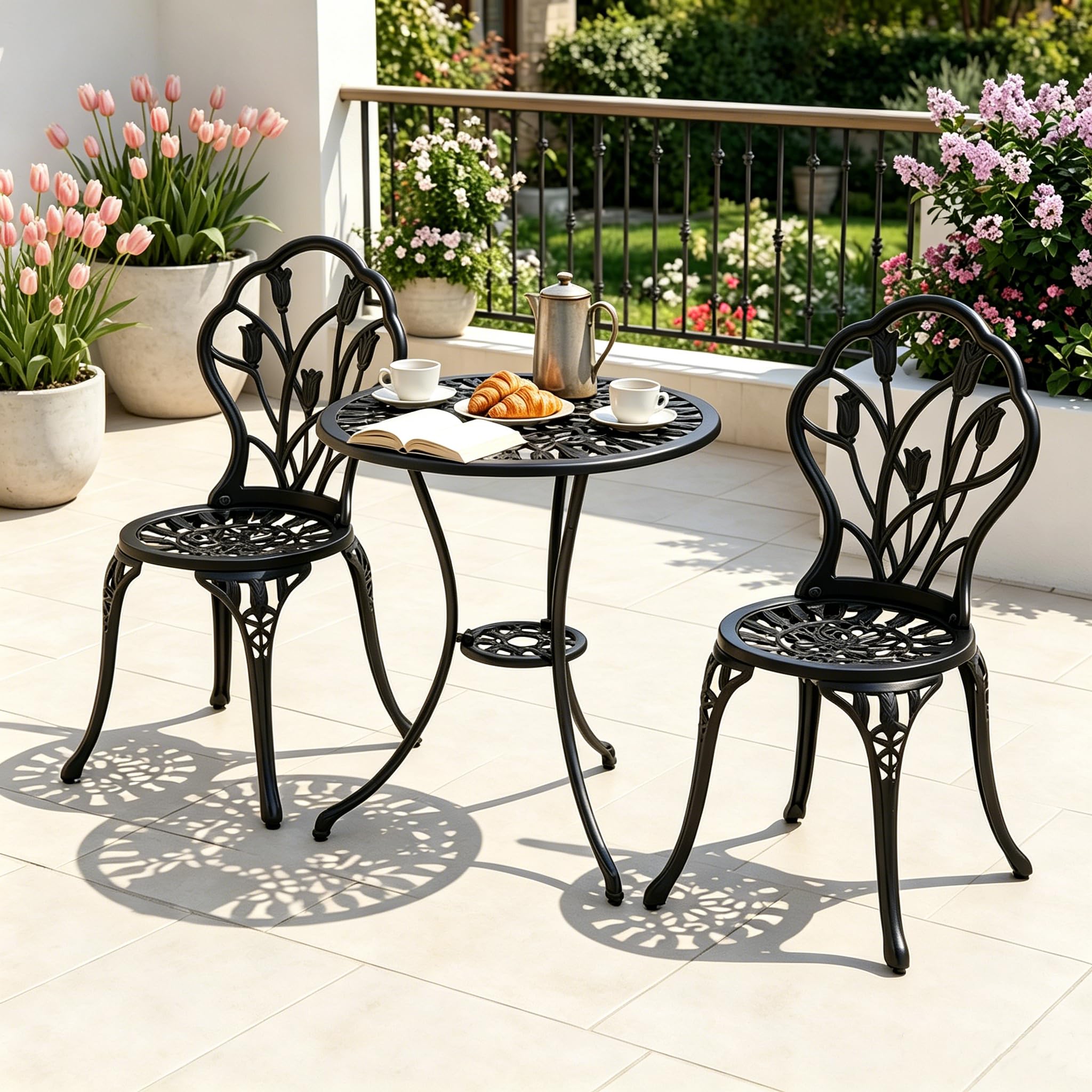 TANGZON 3 Pieces Patio Bistro Set, Outdoor Cast Aluminum Round Dining Table and 2 Armless Chairs with Parasol Hole, Garden Dining Furniture Set for Balcony Backyard Lawn (Black, Tulip Pattern)
