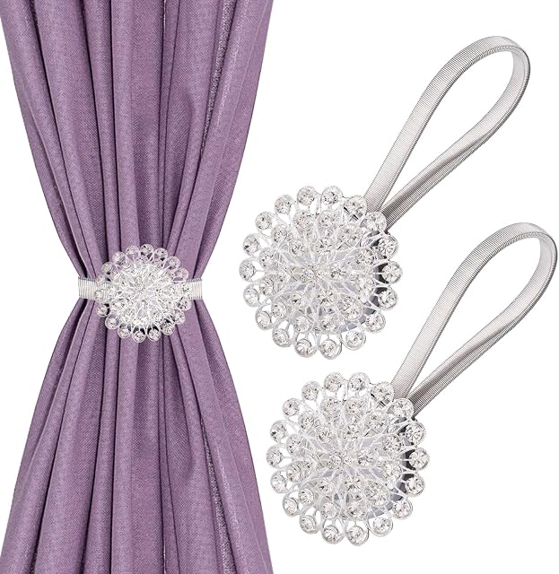 JIZZU 2Pcs Magnetic Curtain Tiebacks, Elegant Crystal Curtain Accessories, No Drilling Spring Silver Curtain Tiebacks, Suitable for Big Curtain in Bedroom, Living Room, Dining Room, Hotel