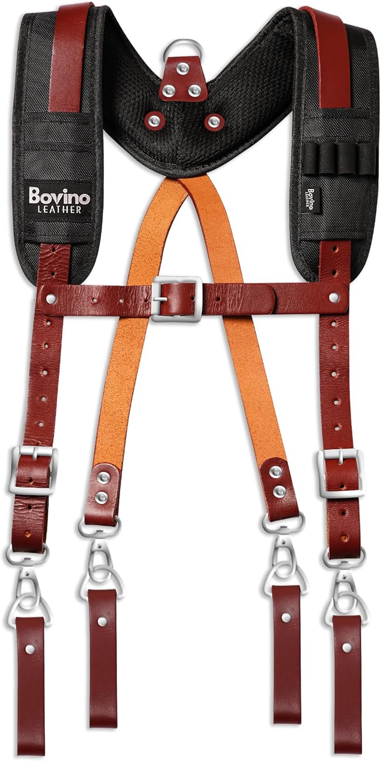 Tool Belt Suspender – Heavy Duty Leather Shoulder Straps with Padding for Carpenters, Framers, Electricians & Construction Work