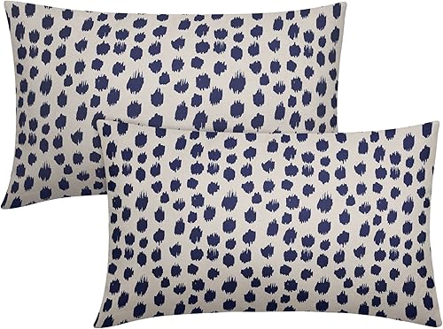 Juego de 2 fundas de almohada de color azul marino crema de 12 x 20 pulgadas, fundas de almohada de lunares para exteriores, diseño bohemio con