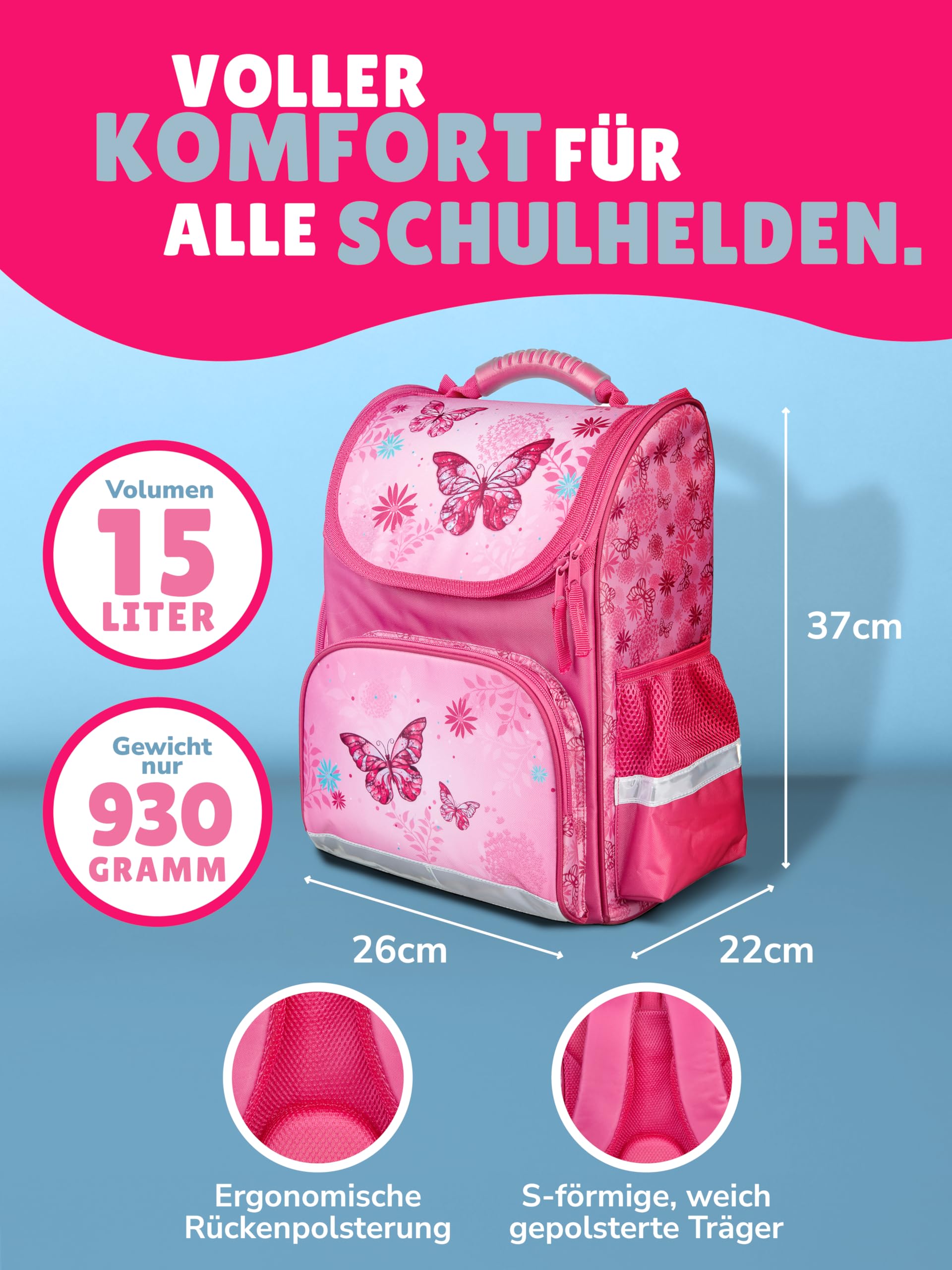 Familando - Schulranzen Set CLOU - 9-teilig mit Sporttasche - Schmetterlinge - Ergonomisch, Stabil & mit gepolstertem Rücken - 930g leicht - 15L Volumen - Mit Reflektoren - ab 1. Klasse
