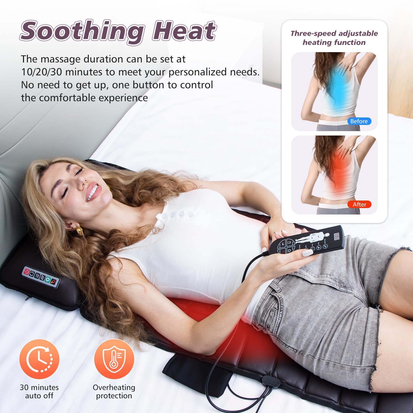 Ganzkörper-Massagematte mit Wärmefunktion, abnehmbarem Nackenmassagegerät, verschiedenen Massagemodi für den ganzen Körper, Massagekissen mit 10 Vibrationsmotoren und 9 Geschwindigkeitsstufen für