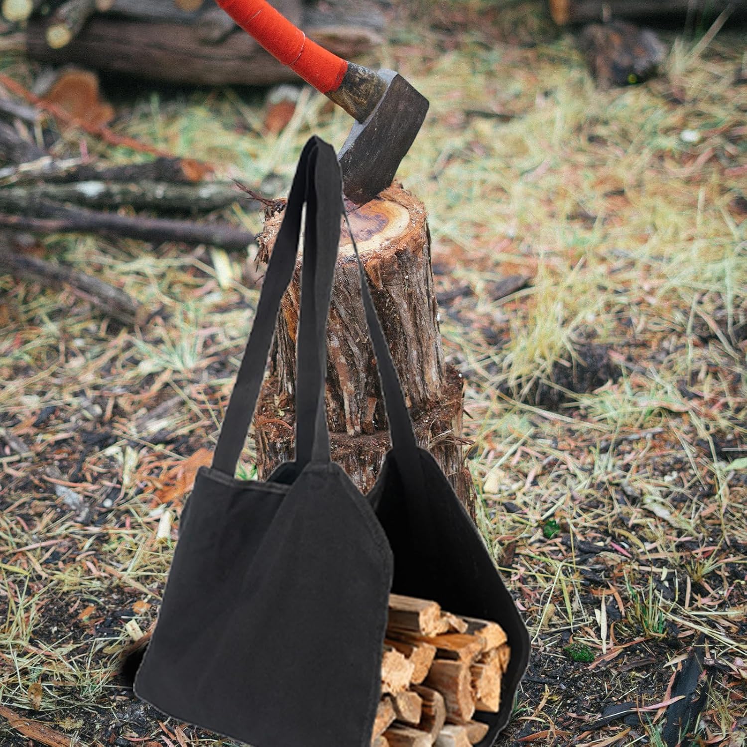 Black Canvas Firewood Carrier Bag with Hand Strap, Roll-up