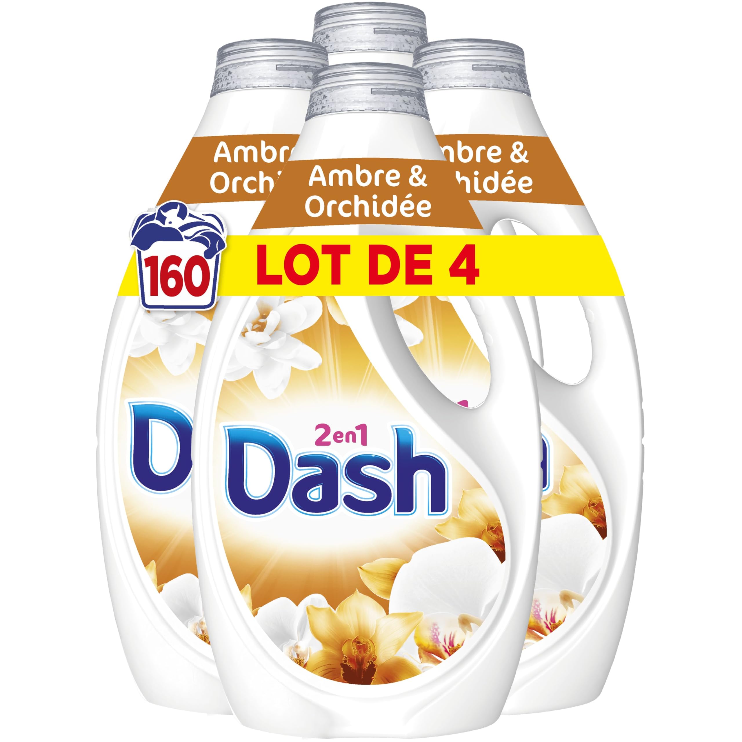 Dash 2en1 Lessive Liquide, 160 Lavages (4 x 40 Lavages), Ambre & Orchidée, avec 3 SEMAINES DE FRAÎCHEUR* et Lenor, Fabriquée En France, Dash 2in1