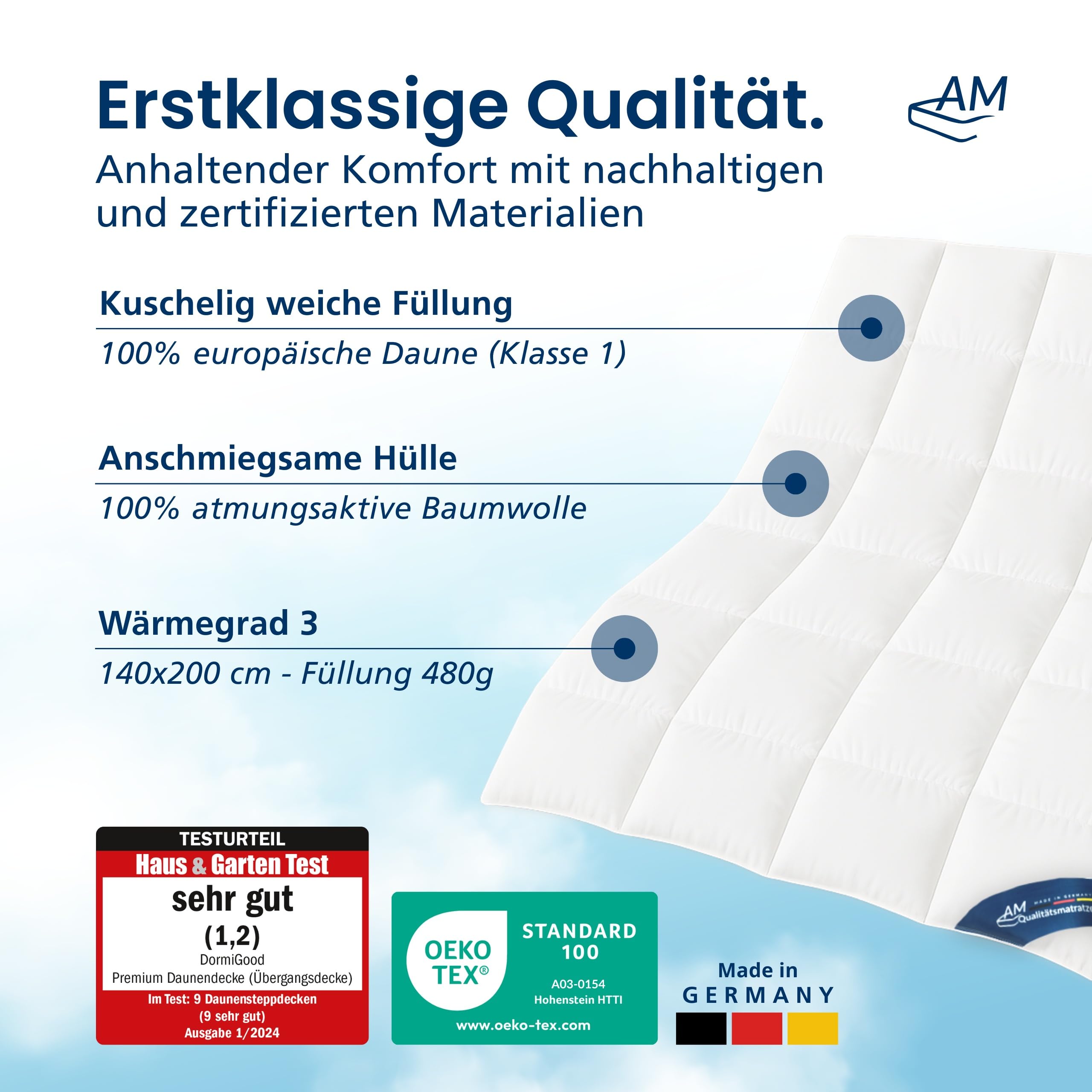 Daunendecke 140x200 Ganzjahres - Made in Germany - 100% Extraweiche Daunen - Atmungsaktive Ganzjahresdecke 140x200 - Oeko-TEX zertifizierte Federbettdecke 140x200cm - Bettdecke