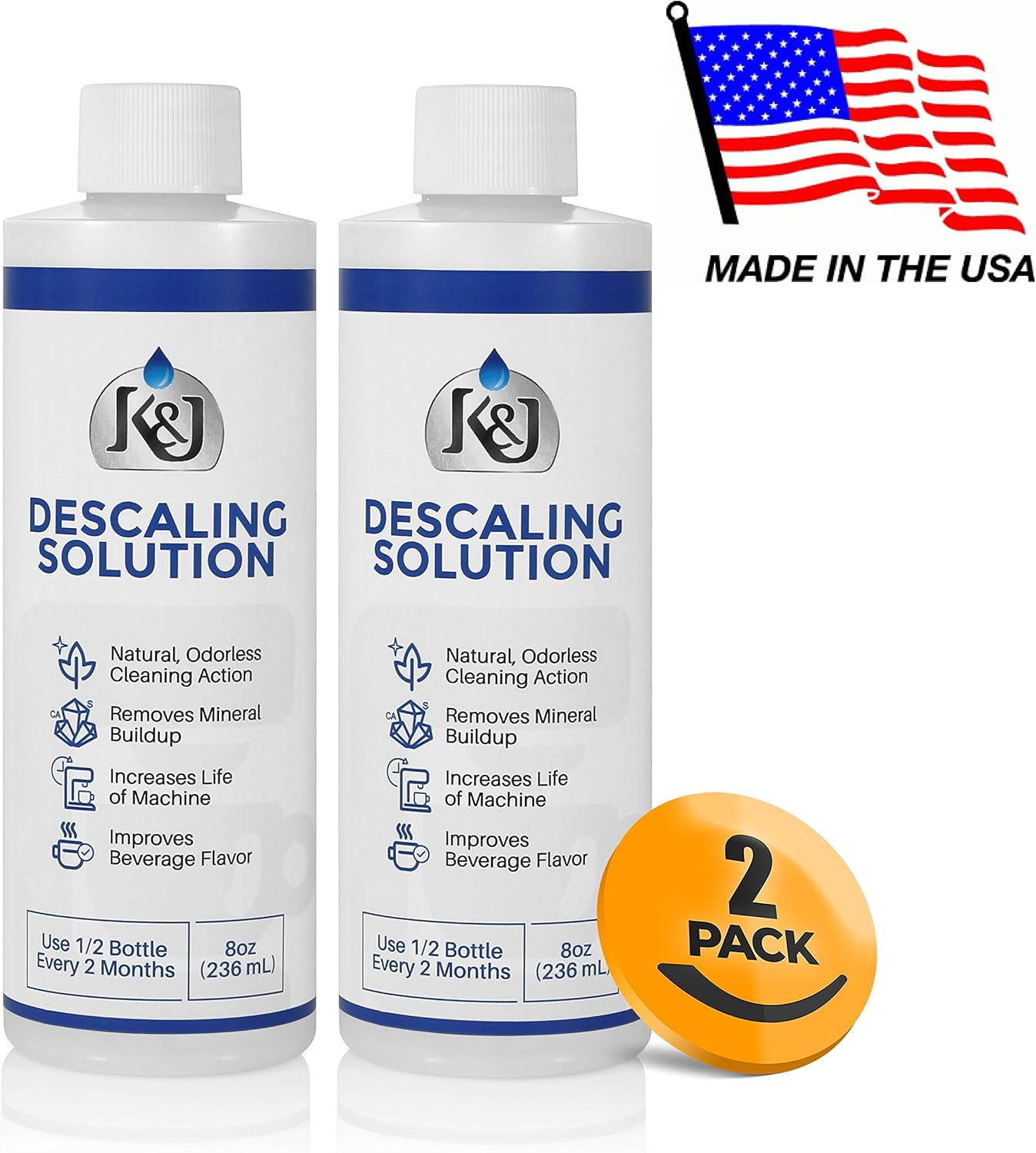 K&J 2-Pack Universal Descaling Solution - USA MADE - Descaler Compatible With Keurig, Kitchenaid, Nespresso, and all other coffee brewers - by K&J