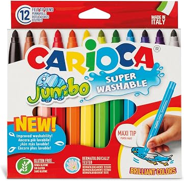 CARIOCA Jumbo Washable Markers for Kids 12 Assorted Colors, 6 mm Maxi Felt Tip Pens with Wide Barrel, Non-Toxic, Easy to Hold, Art & School Supplies, Made in Italy
