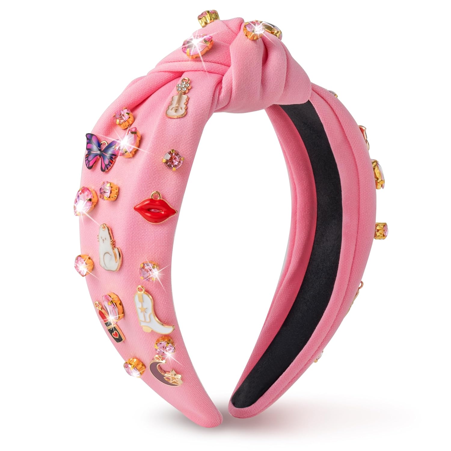 PANTIDE Music Jeweled Knotted Headband - Singer Fans Gift Guitar Red Lip Rhinestone Crystal Embellished Headband Wide Top Knot Fashion Hairband Birthday Back To School Gift for Women Girls (Pink)