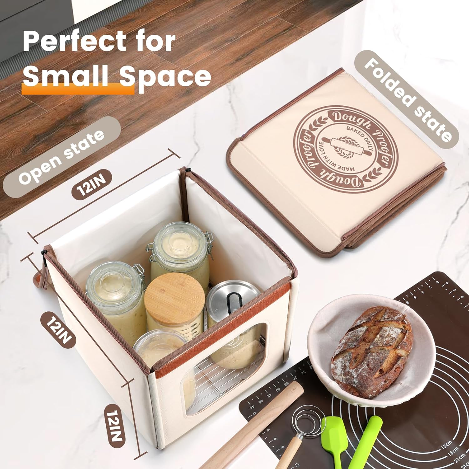 Folding Bread Proofing Box with 50-113℉ Temp Control & 48H Timer, Dough Proofer with Metal Rack, Humidor, Ideal for Sourdough, Bread Baking, Pizza, Yogurt, Kombucha, Perfect for Compact Kitchens