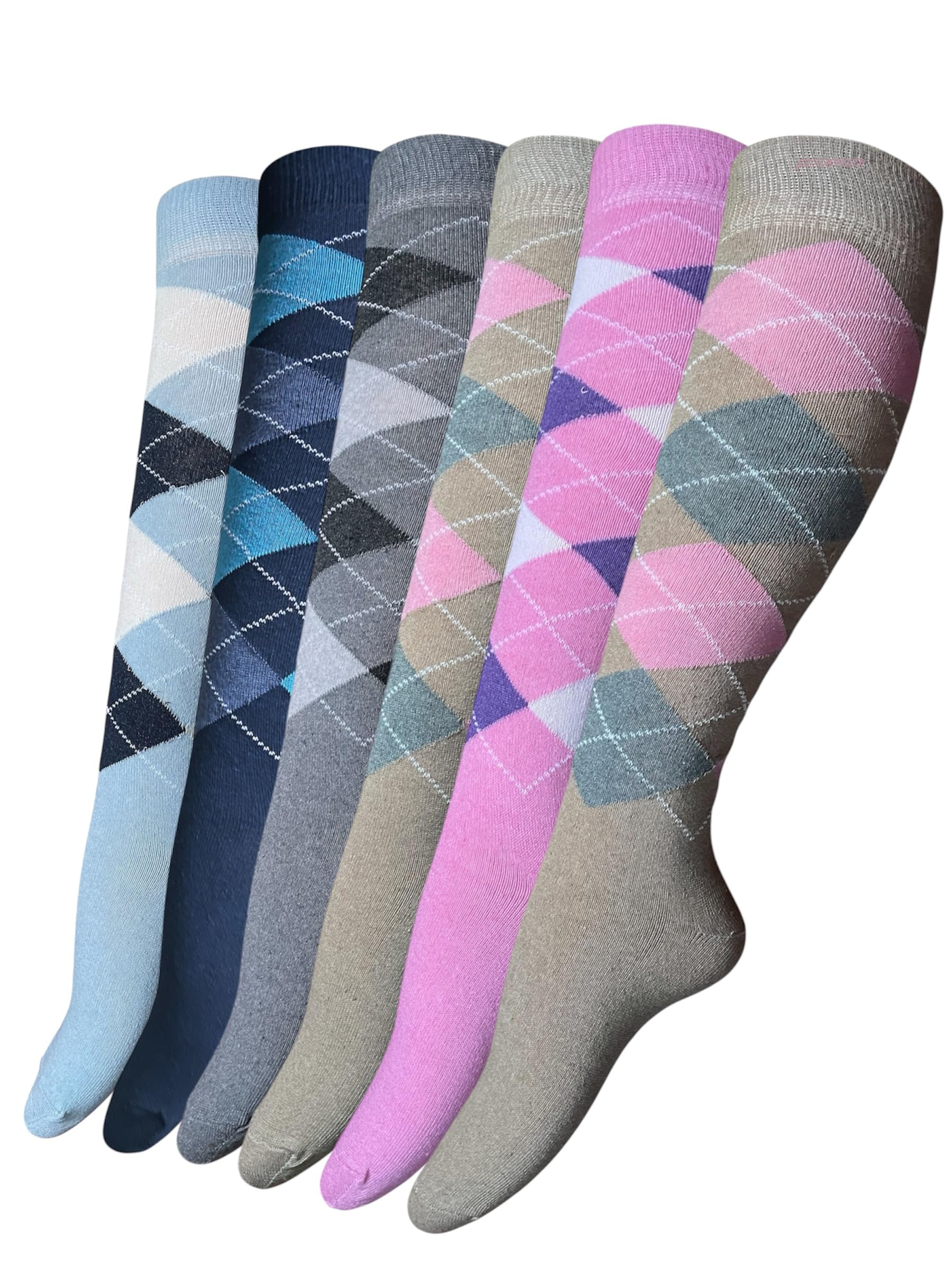 Qz Fashion Women's Assorted 6 Pairs Knee High Socks, Pink Argyle Beautiful Socks Size 4-7