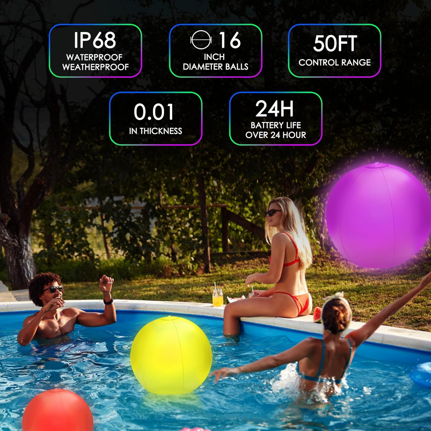 4 Pack 16" LED Light Up Beach Ball, Glow-in-the-Dark Inflatable Pool Toys, Floating Pool Lights Waterproof IP68 with 16 Colors,4 Lighting Modes, Outdoor Indoor Games, Swimming Pool Party Decorations