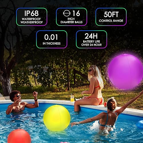 Miniatura 9 de 4 Pack 16" LED Light Up Beach Ball, Glow-in-the-Dark Inflatable Pool Toys, Floating Pool Lights Waterproof IP68 with 16 Colors,4 Lighting Modes,