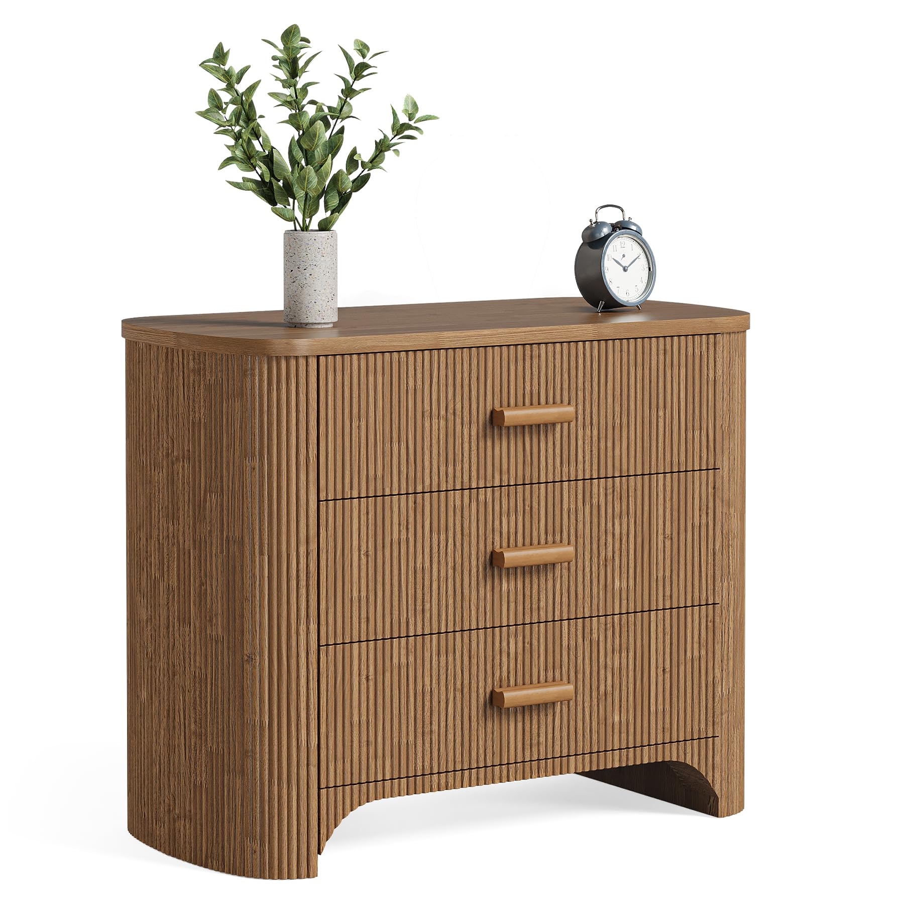 LITTLE TREE Großer, breiter Nachttisch mit 3 Schubladen, Mid-Century-Modern-Stil, extragroßer Nachttisch fürs Schlafzimmer, großer Nachttisch mit geriffelter, gestreifter Frontplatte, Dunkelbraun