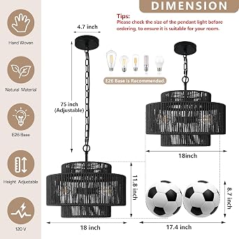 Bagood 18 3-Light Boho Black Rattan Chandeliers for Dining Room