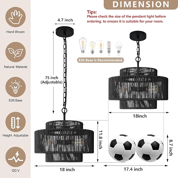 Bagood 18 3-Light Boho Black Rattan Chandeliers for Dining Room