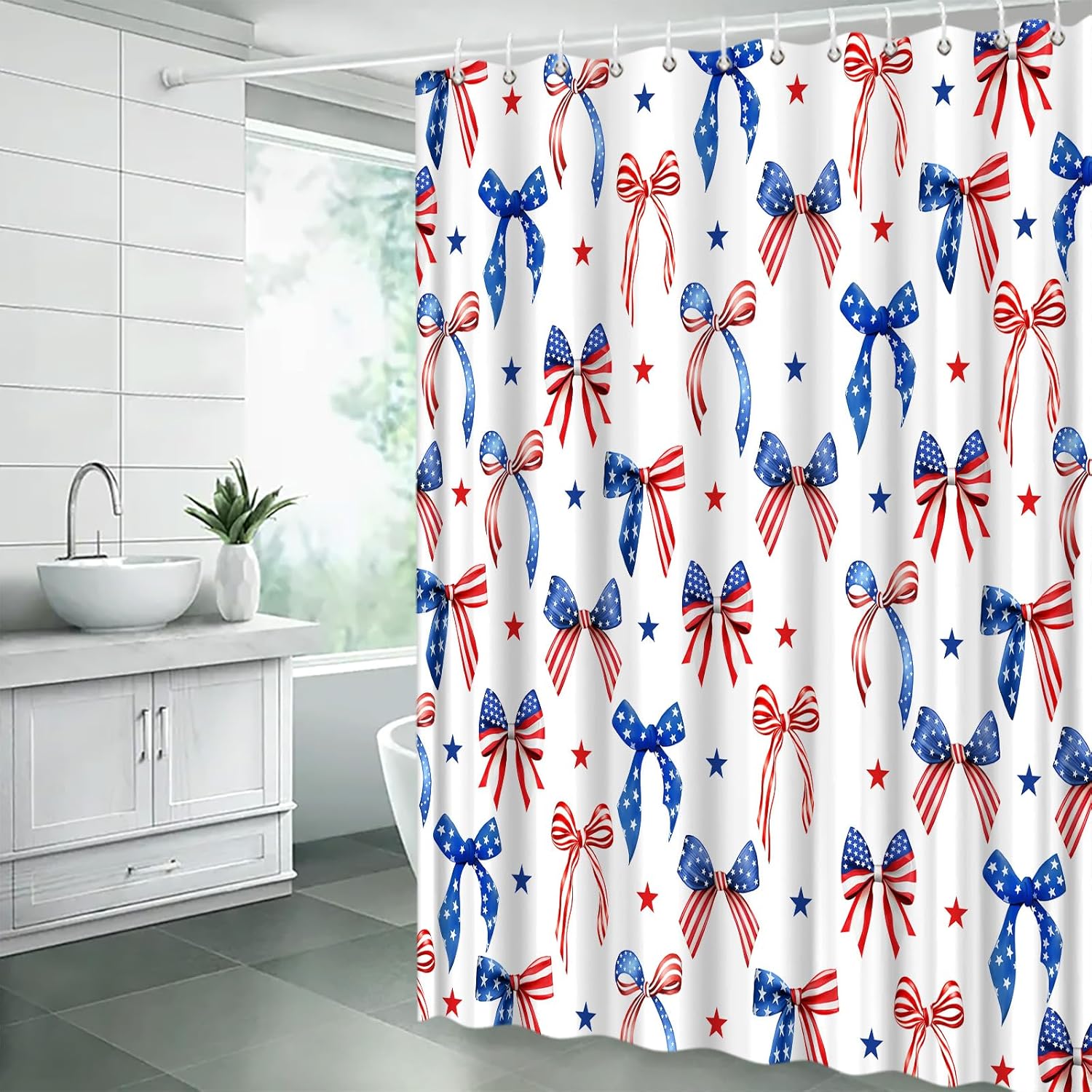 4th of July Extra Long Shower Curtain,Red Blue Star Bow Patriotic Independence Day Bathroom Home Curtain Decor with Hooks,70x84 Inch