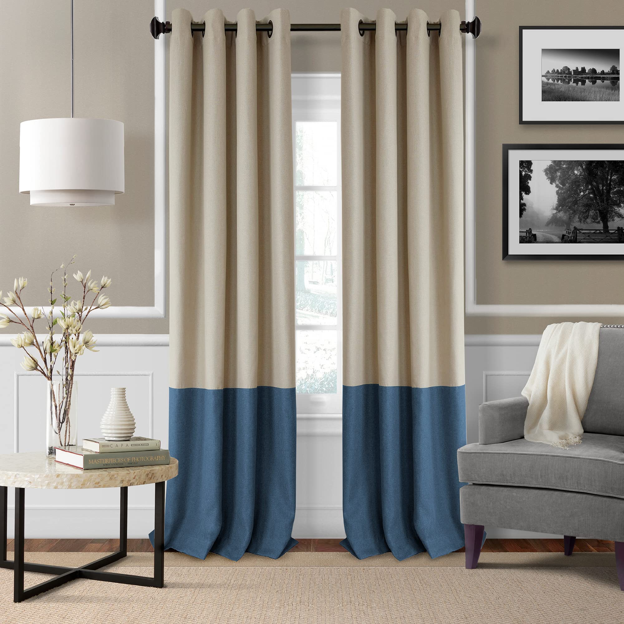 ElreneHome Fashions Braiden Color-Block Blackout Window Curtain, Single Panel, 52 in x 95 in (1 Panel), Navy