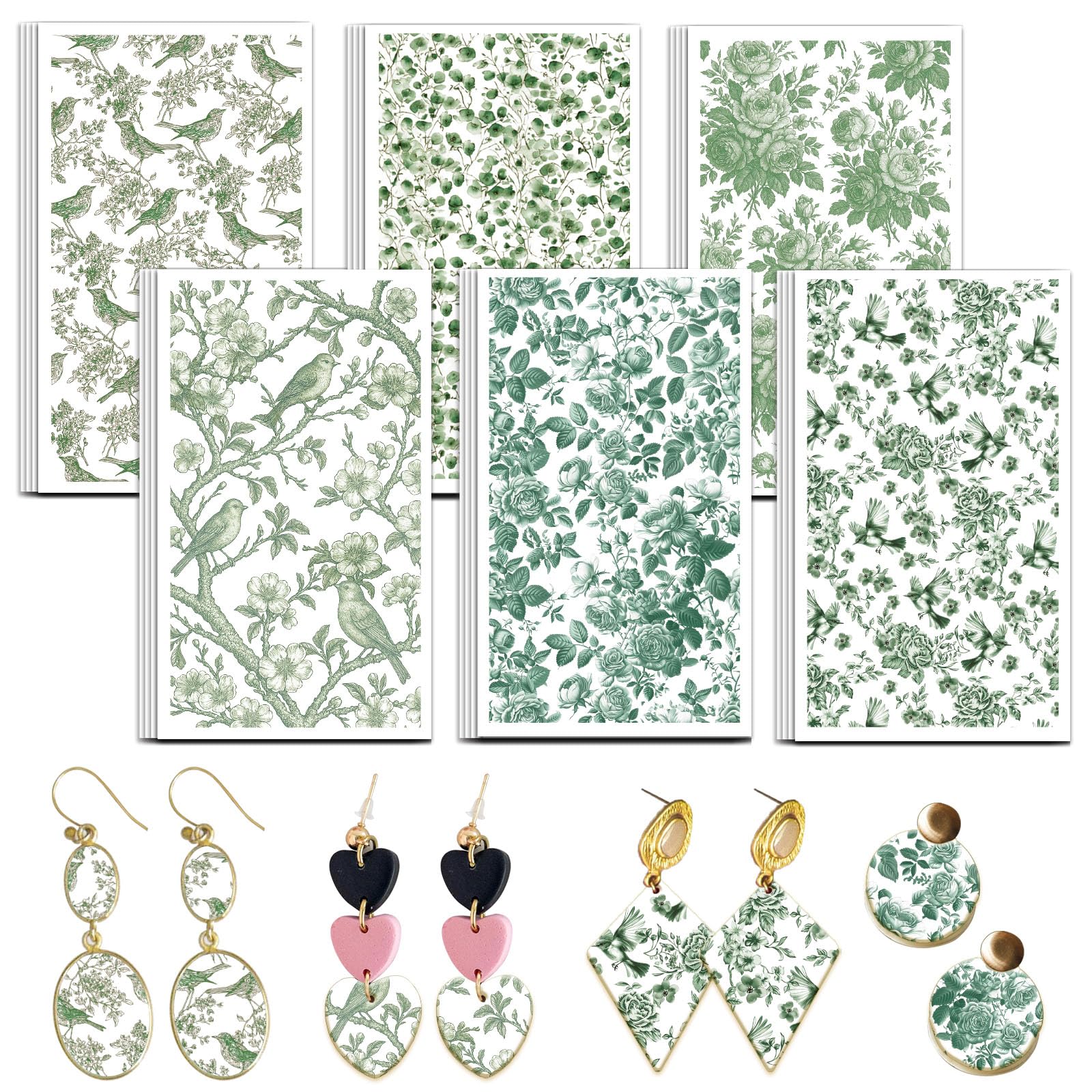 OLYCRAFT 24Pcs Clay Transfer Paper 4 Designs Green Flower Pattern 70x120mm