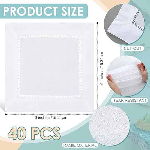 Miniatura 2 de Roshtia 40 servilletas de cóctel de lino blanco para bordado, 6 x 6 pulgadas, blanco en blanco, servilletas de cóctel con punto vainica, boda