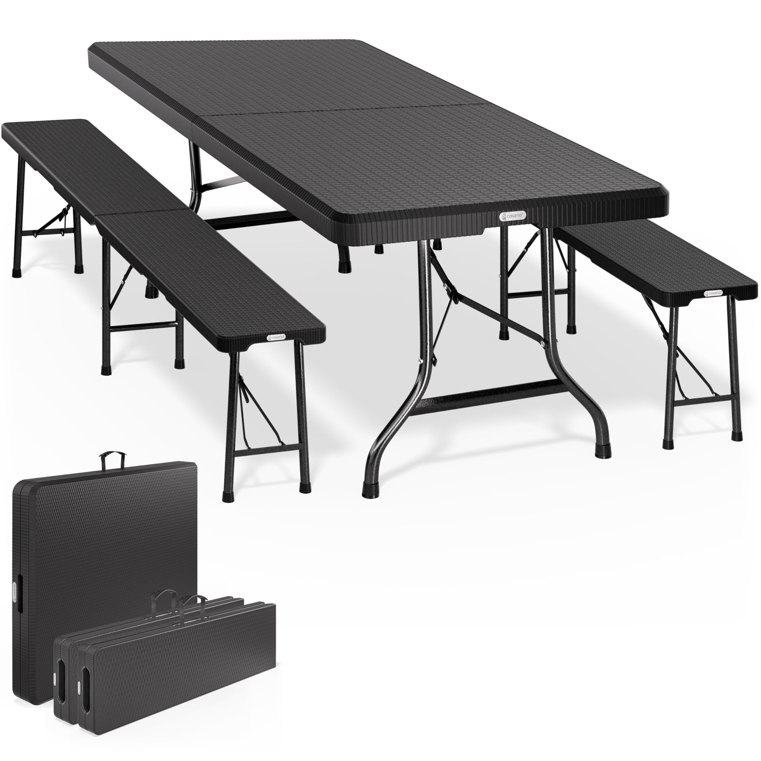 CASARIA® Malmö 3Pc Garden Trestle Table & Bench Set | 180cm Foldable Outdoor Furniture | Plastic Top w/Steel Frame | Polyrattan Finish | Picnics BBQ Parties Portable Lightweight | Black
