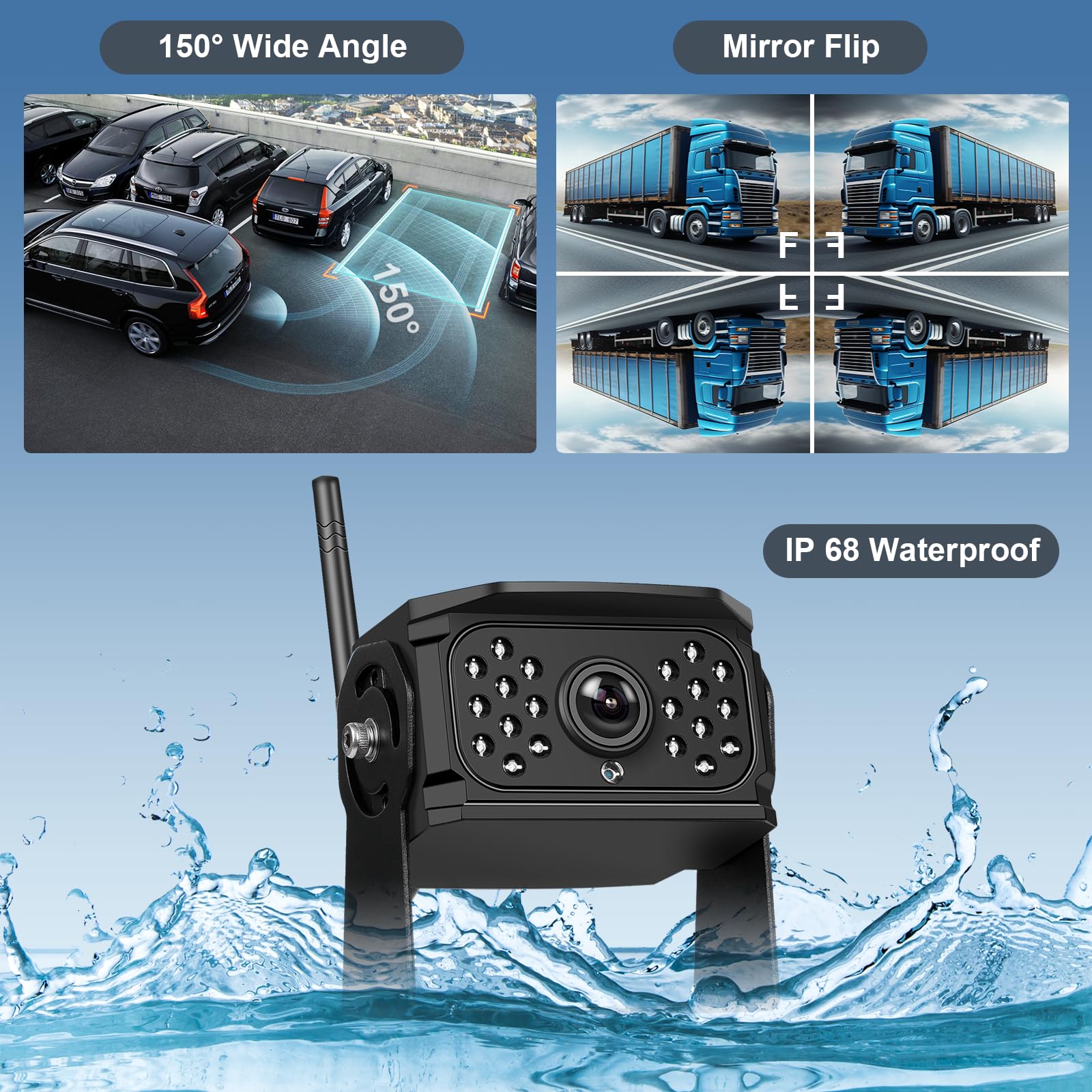 Hodozzy Digital Wireless Reversing Camera Kit Monitor 4 Cameras Split Screen 7 Inch Waterproof Night Vision Front Rear Side View Camera for Trailer Truck Camper 12V-24V-36V Recording Video Playback - Image 4