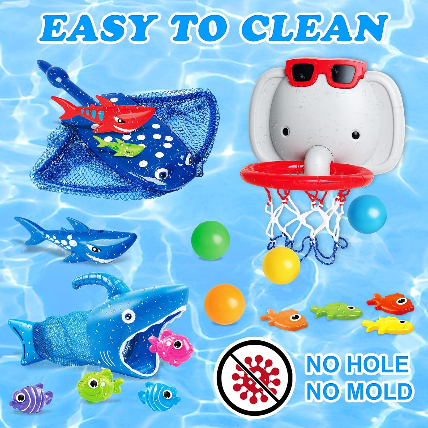 Baby Bath Toys for Kids Ages 1-3,18PCS Toddler Bathtub Toys Set,Birthday Gifts for Girls Boys 1 2 3 4 5 6 Year Old,No Holes Shower Interaction Game Toy with Basketball Hoop,4 Balls,Shark Fishing Net