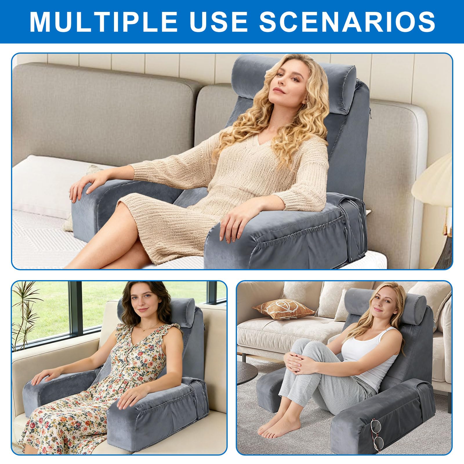 Cojín de lectura para adultos, de espuma viscoelástica con cojín para el cuello, reposabrazos desmontables, cojín para la espalda, para leer, ver televisión, videojuegos en la cama, sofá
