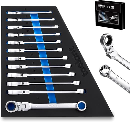 toolant 12pcs Ratcheting Wrench Set, Flex Head &amp; Offset Head Double Box-End Ratcheting Wrench Set, 8-19mm Metric Set, 90-T...