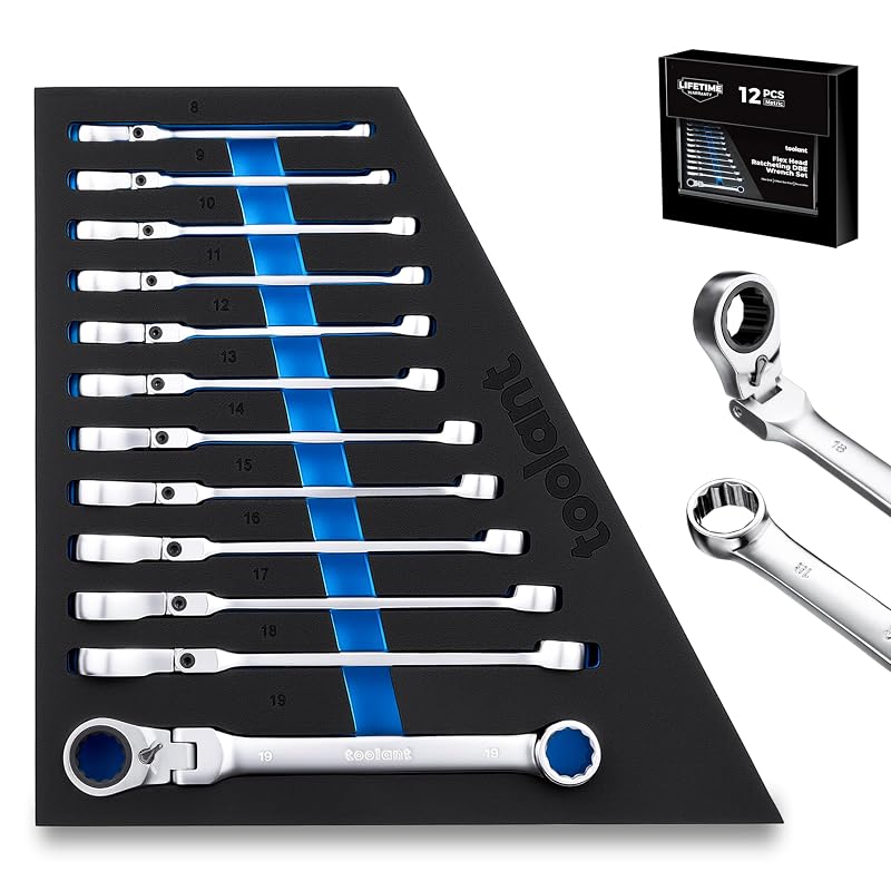 Jogo de Chaves Estrela com Catraca toolant, Cabeça Flexível e Deslocada, 8 a 19 mm, 90 Dentes, 12 Peças