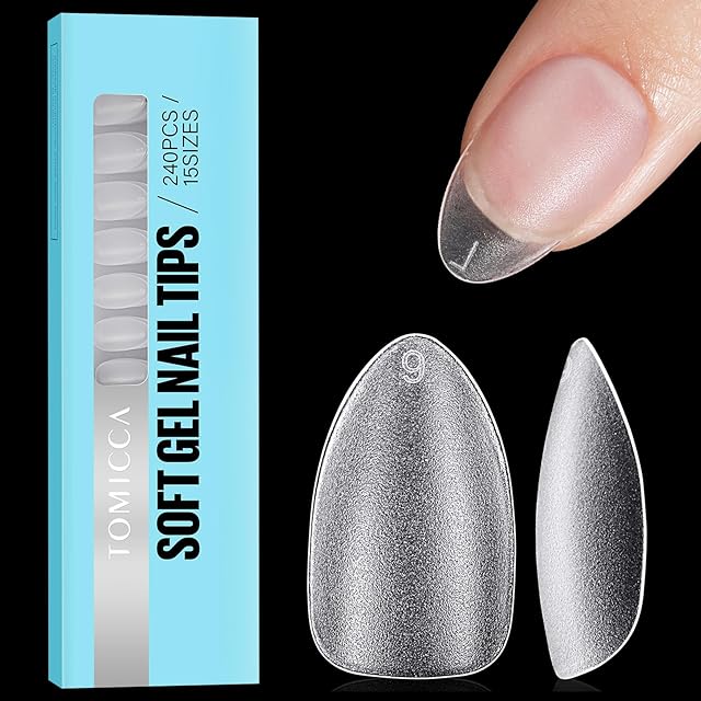 TOMICCA Short Almond Nail Tips, Clear Nail Tips Natural False Nails Almond French Acrylic Nails Artificial Nails Tips for Girls Women, (240 Pcs,15 Sizes)