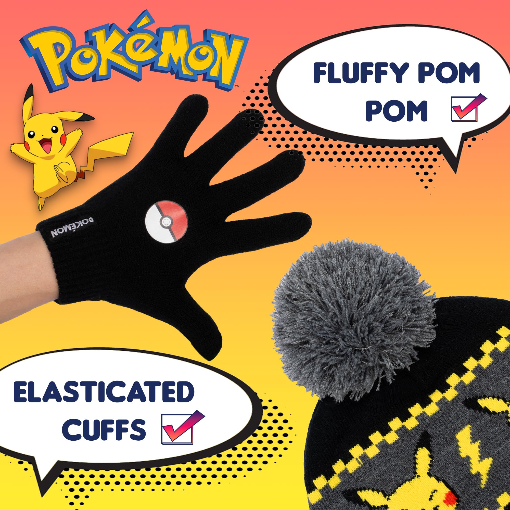 Pokemon - Winter Warm & Comfy Beanie Hat & Gloves Set for Boys - Pikachu Design - Perfect for Boys 6-12 Years
