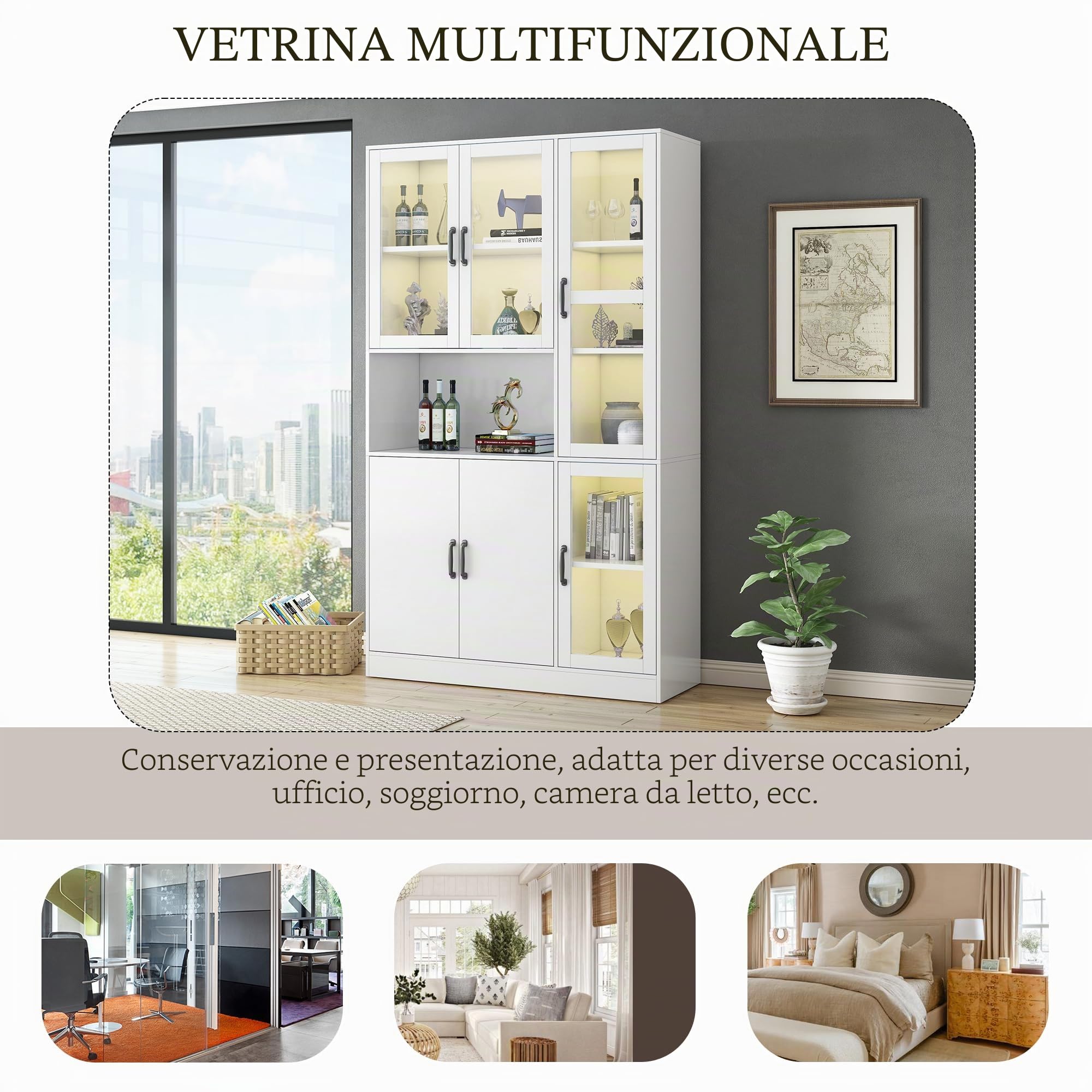 Kebnor Vetrina bianca, scaffali con ante, scaffali da terra per libri, credenza da cucina grande, armadio dispensa, scaffale di lusso con luce LED, armadio vetrina con ripiani (120 x)