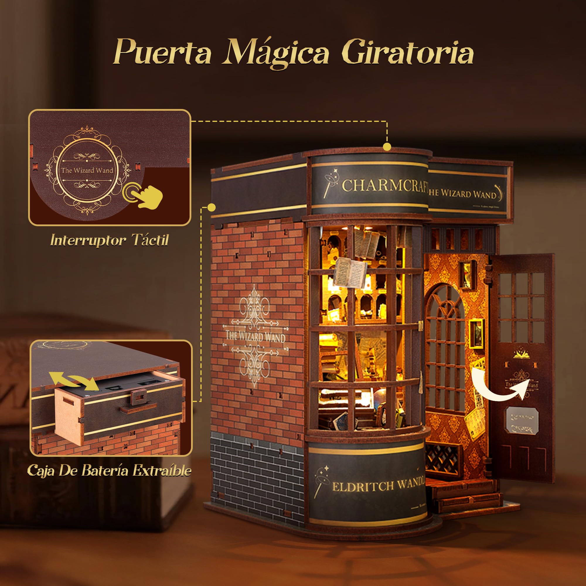 FUNPOLA Puzzle 3D de Madera Tienda de Varitas de Mago Book Nook Kit – Maquetas para Construir para Adultos, Inserto de estantería con LED – Decoración DIY, Regalo (Tienda de Varitas de Mago)