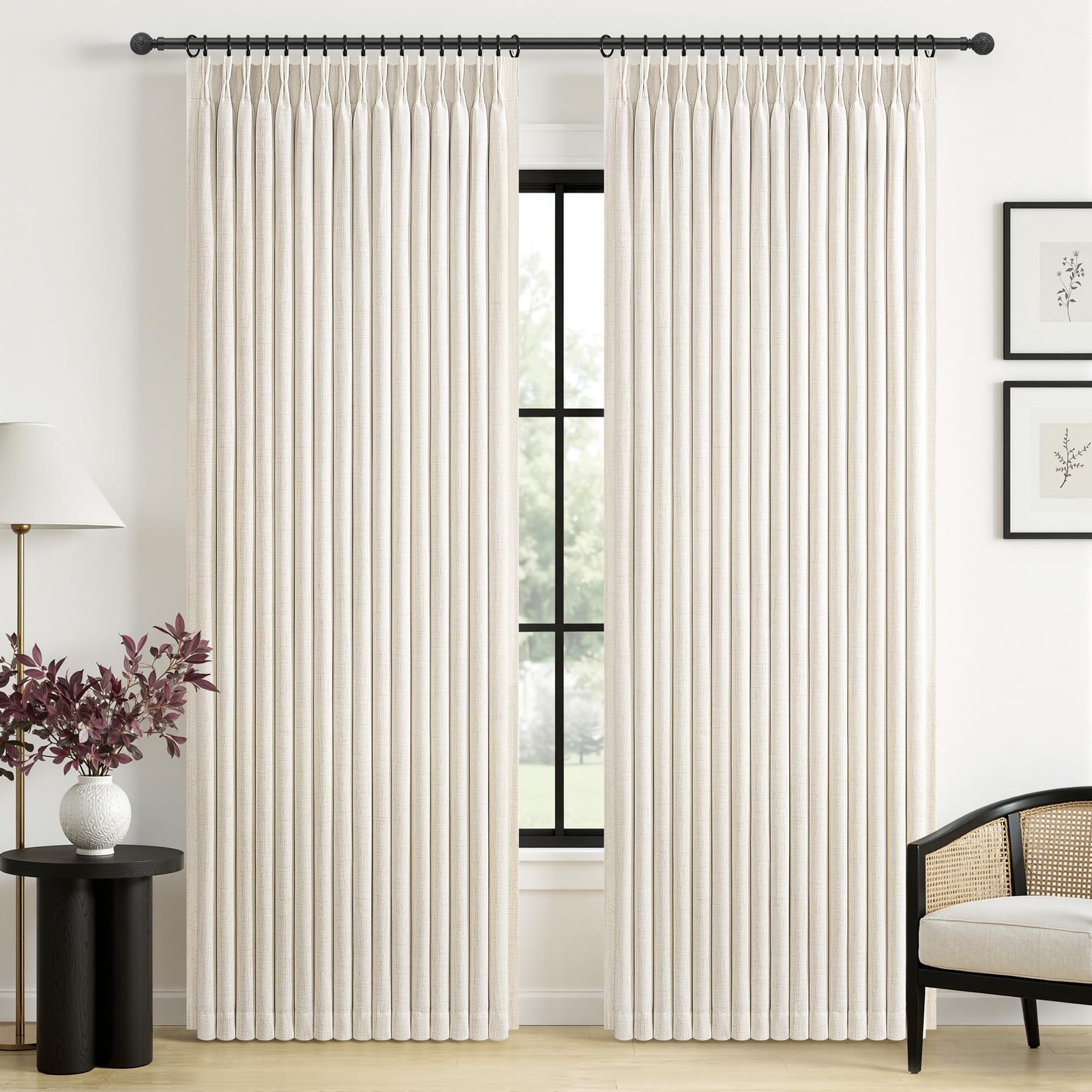 Pinch Pleated Linen Curtains Blackout 96 Inches Long 2 Panels Set for Living/Bedroom Darkening Viral Thermal Memory Trained Wide Curtain with Rings&Hooks 8FT Farmhouse Heavy Drapes 50"W x 96"L, Birch