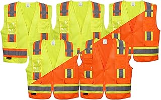 OrangeGear Class 2 Highly Visible Two Tone Stripes Zippered 6 Pocket X-Large Lime Sleeveless Surveyor Vest (5 Pack)