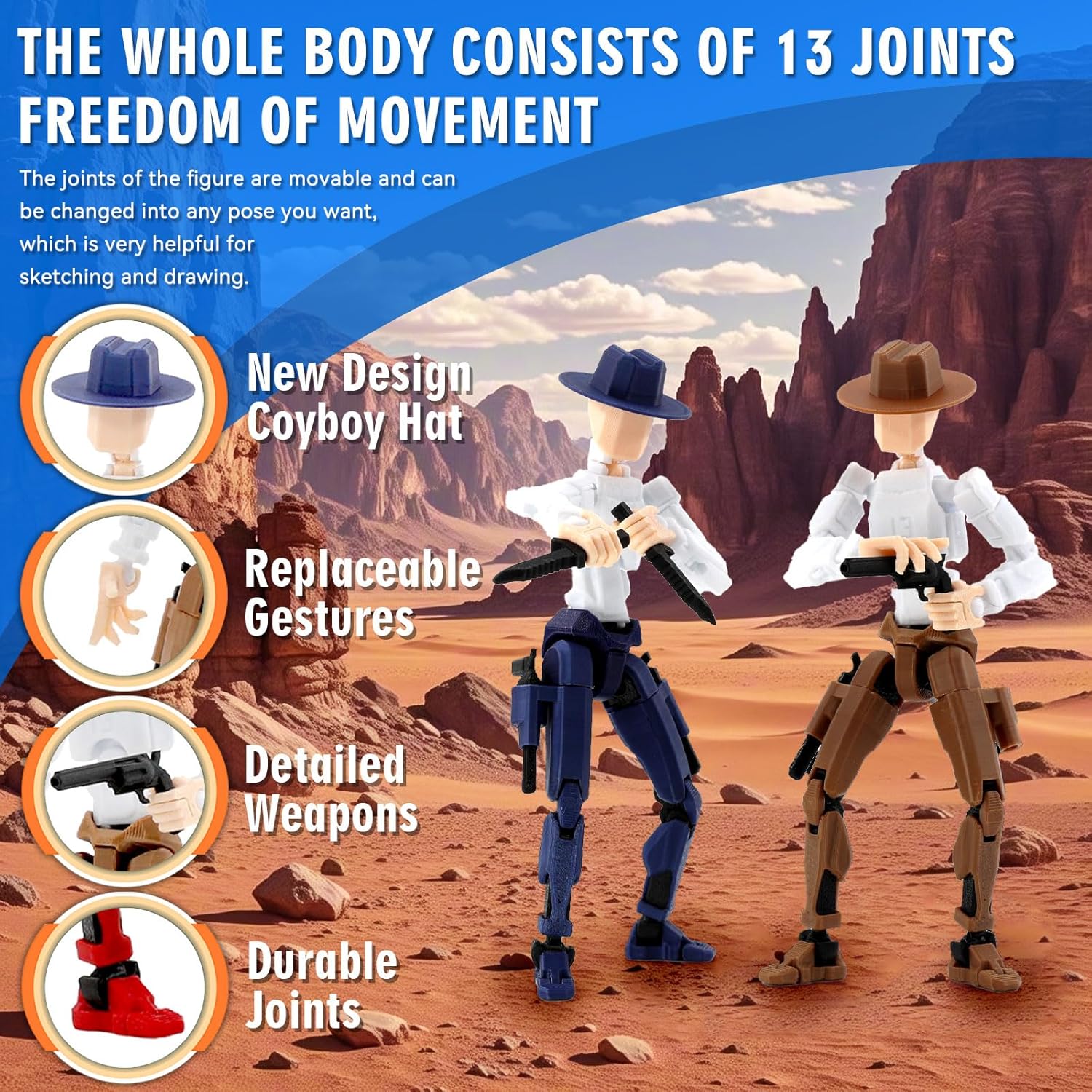 Titan 13 Action Figure, Cowboy Already Assembled 13 Dummy 13 Action Figures for Boys, 2-Pack Cowboy 5.4 inches T Lucky Robot 13 Action Figure, Figura de acción 13, Brown & Blue