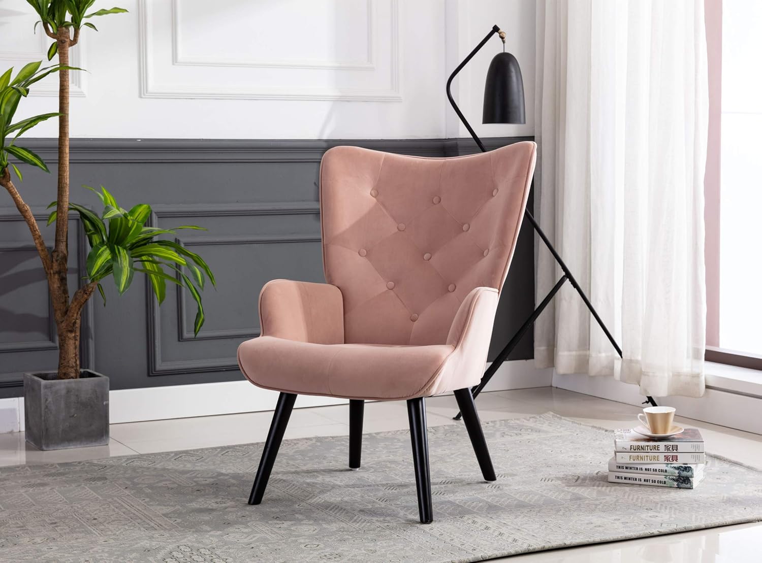Dolonm Velvet Accent Chair Modern Tufted Button Wingback Vanity Chair with Arms Upholstered Tall Back Desk Chair with Solid Wood Legs for Living Room Bedroom Waiting Room(Dusty Pink) : Home & Kitchen
