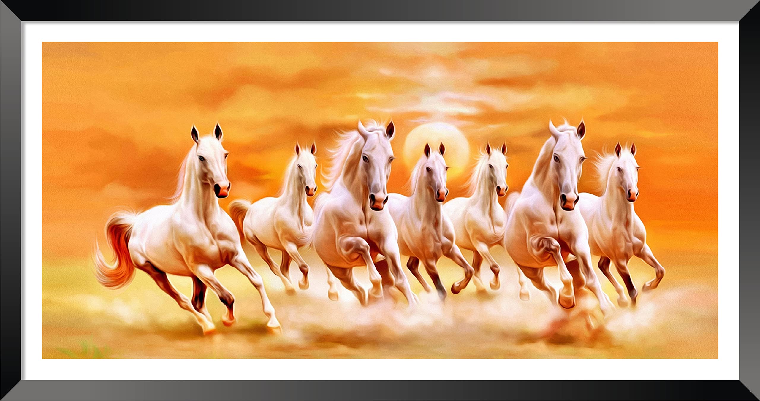 DBrush 7 Running Horse Vastu Photo Framed White Horse Religious Animal Premium Painting Sunrise Artwork Yellow Theme For Office Home Office wall decor Synthetic Wood Modern Black Frame (14 x 26 Inch) (B0B4PGXR8X) Amazon Price History, Amazon Price Tracker