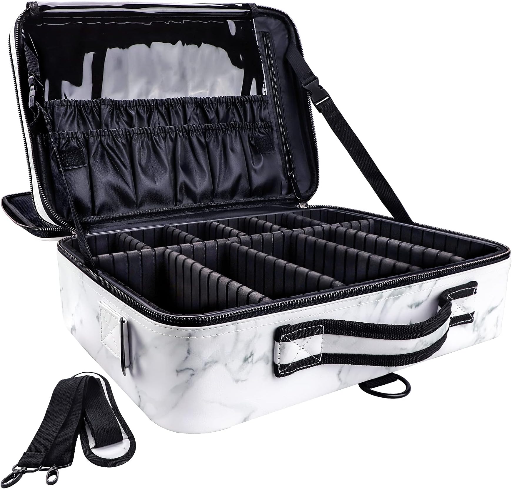 gzcz Large Capacity Travel Makeup Case Organizer,Professional Cosmetic Bags for Women,Waterproof PU Leather Makeup Bag with Adjustable Dividers and Shoulder Strap for Brushes and Jewelry