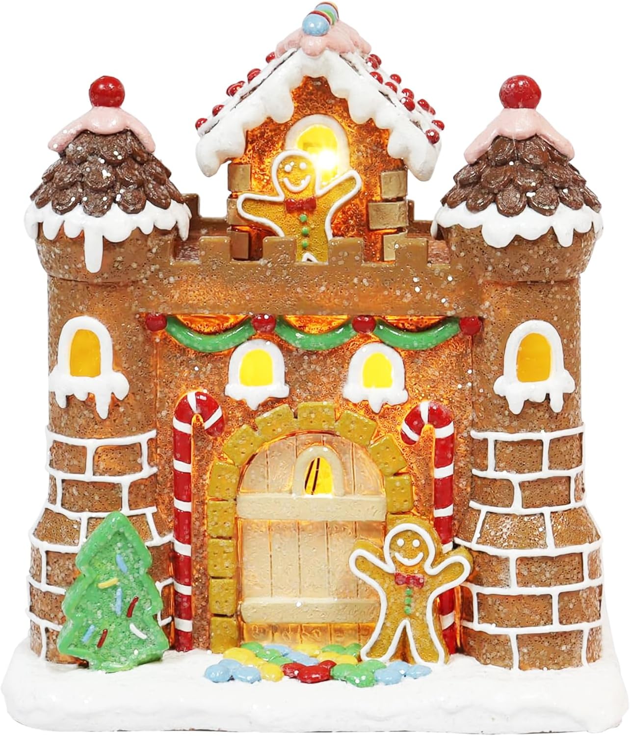 MOMENTS IN TIME Light Up Gingerbread Castle 8.3”H LED Polyresin Christmas Village House Battery Operated Festive Gingerbread Decoration Handcrafted Holiday Home Décor