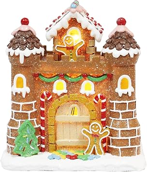 MOMENTS IN TIME Light Up Gingerbread Castle 8.3H LED Polyresin Christmas Village House Battery Operated Festive Gingerbread Decoration Handcrafted Holiday Home Decor